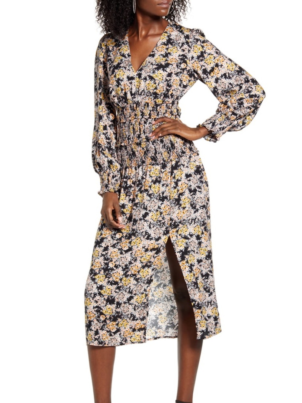AFRM Nordstrom Floral Longsleeve Ruffle Puff sleeves Midi Dress Yellow Small